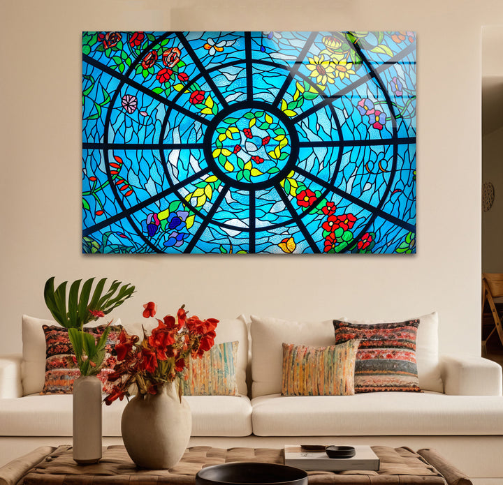 Blue Stained Glass Wall Art – Vibrant Floral & Ocean Window Design for Home & Office