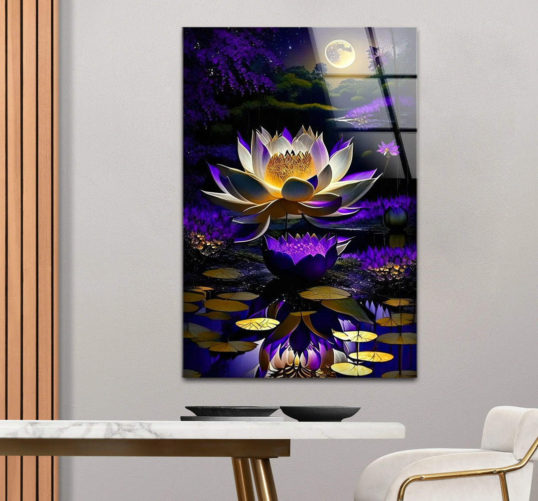 Moonlit Purple Lotus Glass Wall Art – Mystical Night Bloom Floral Print - MyPhotoStation