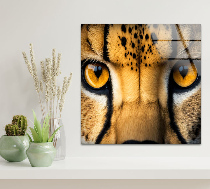 Golden Cheetah Eyes Wall Art – Bold Safari-Inspired Glass Print for Modern Interiors