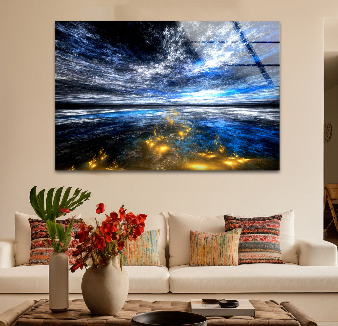 Celestial Ocean Light Wall Art – Abstract Blue and Gold Horizon Glass Print