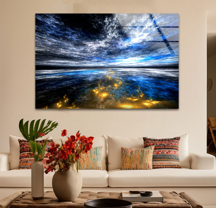 Celestial Ocean Light Wall Art – Abstract Blue and Gold Horizon Glass Print