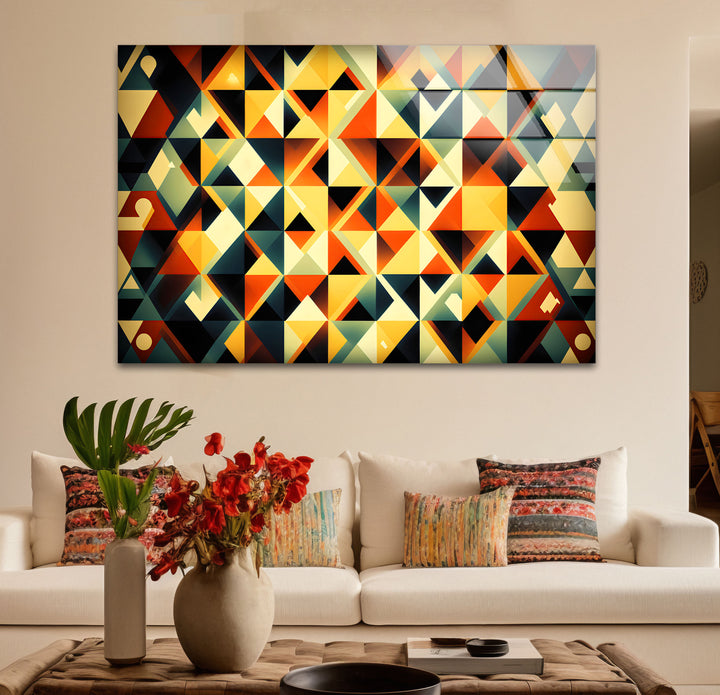 Geometrische Wandkunst aus Bernsteinglas – Auffälliges Retro-Dreiecksmuster-Dekor 
