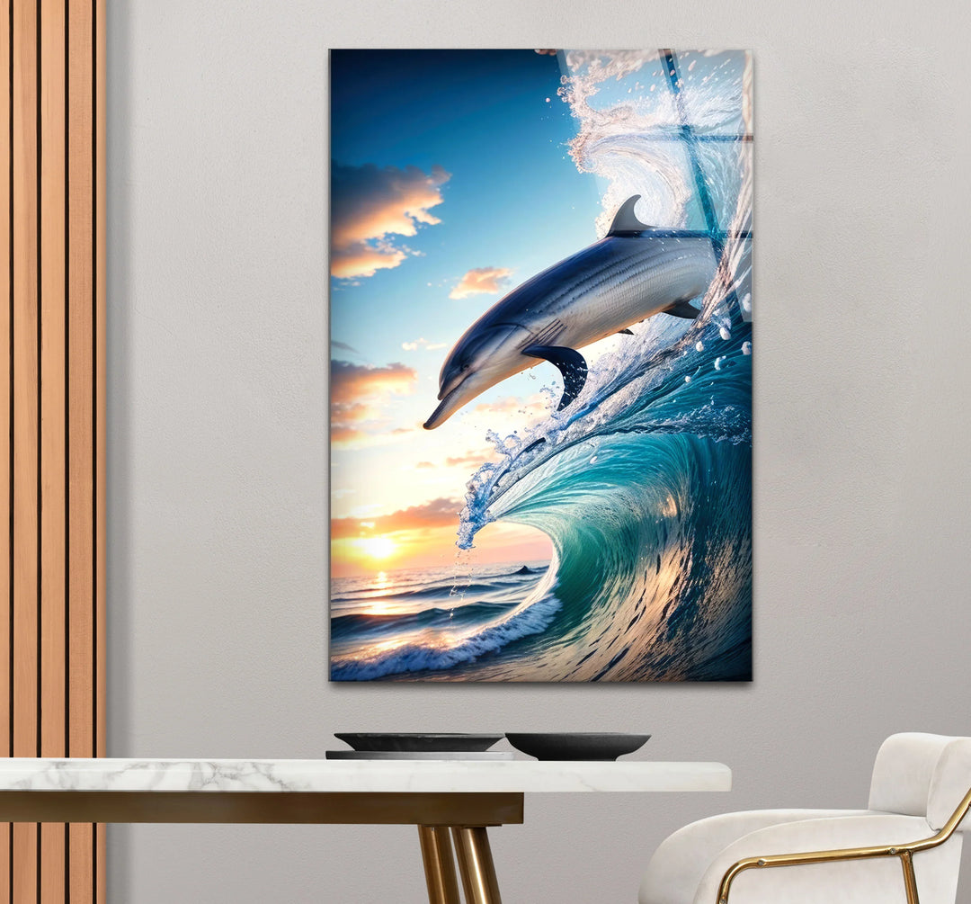 Jumping Dolphin Glass Wall Art – Ocean Wave Sunset Scene for Coastal Decor - MyPhotoStation