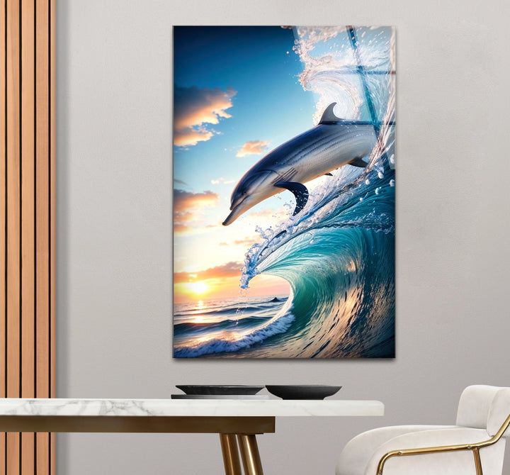 Jumping Dolphin Glass Wall Art – Ocean Wave Sunset Scene for Coastal Decor - MyPhotoStation