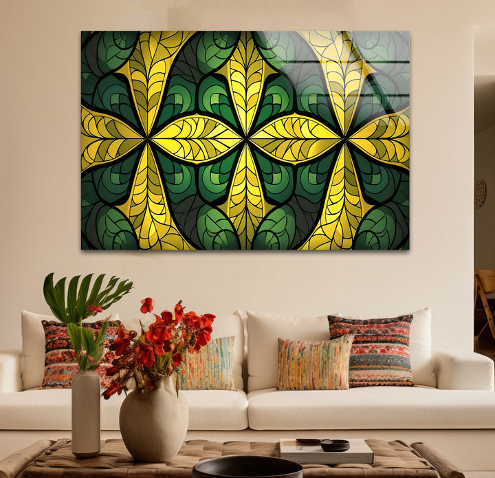 Green & Gold Stained Glass Wall Art – Botanical Geometric Glass Design