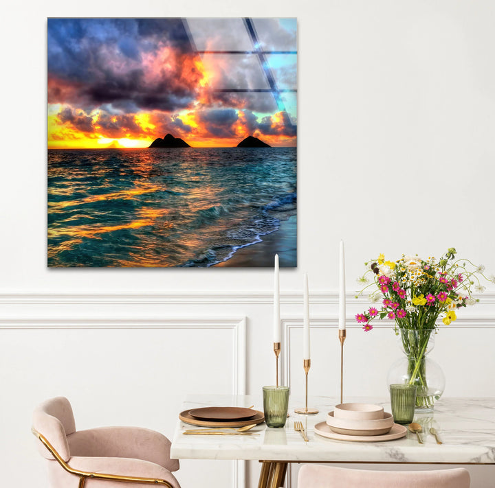 Tropical Sunset Beach Scene – Ocean Wave Glass Wall Art with Island Silhouette - MyPhotoStation