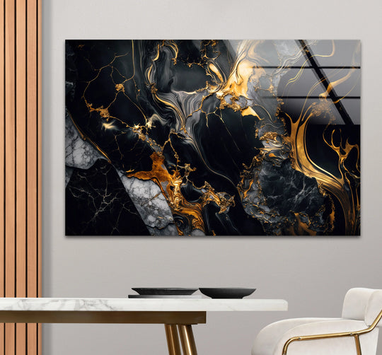 Minimalist empty wall space frames a striking art from glass featuring abstract black marble and opulent gold veining.