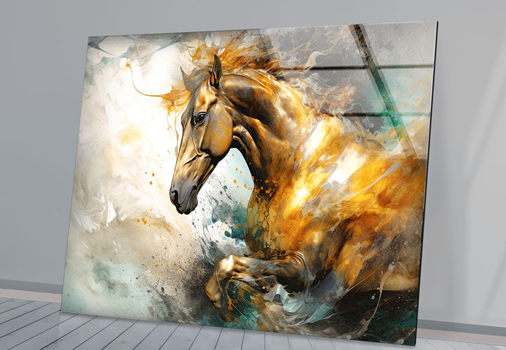 Golden Gallop Wandkunst – Majestätisches Pferd Abstraktes Glasdruckdekor