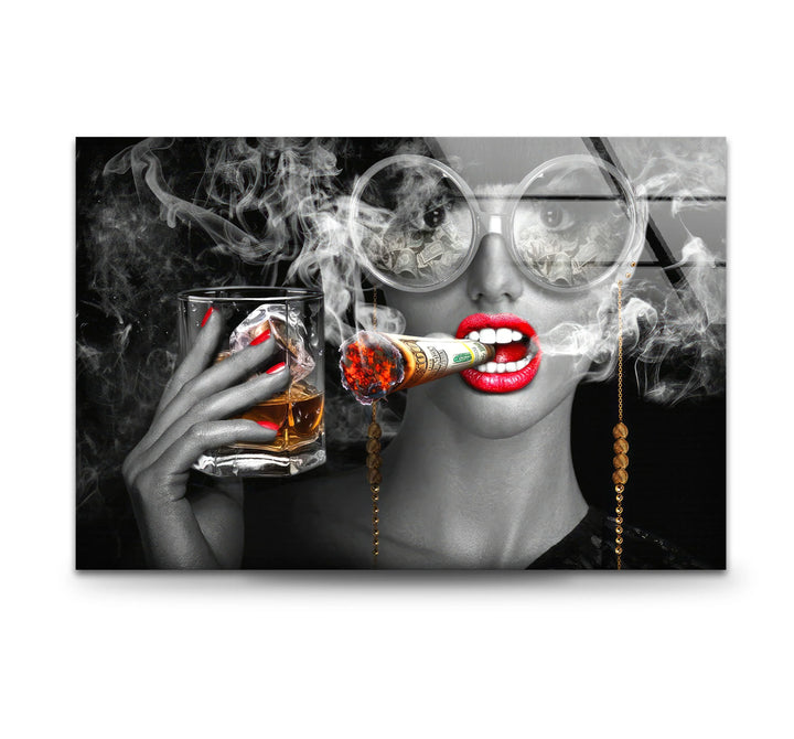 Luxury Diva Wall Art with Whiskey and Dollar Cigar – Bold Glam Glass Print - MyPhotoStation