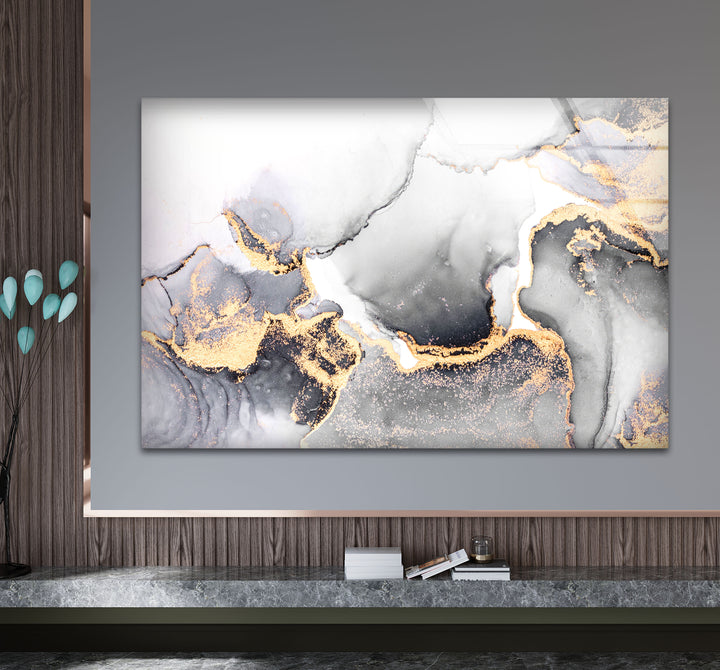 Monochrome Marble Glass Wall Art – Black White & Gold Luxury Abstract Print
