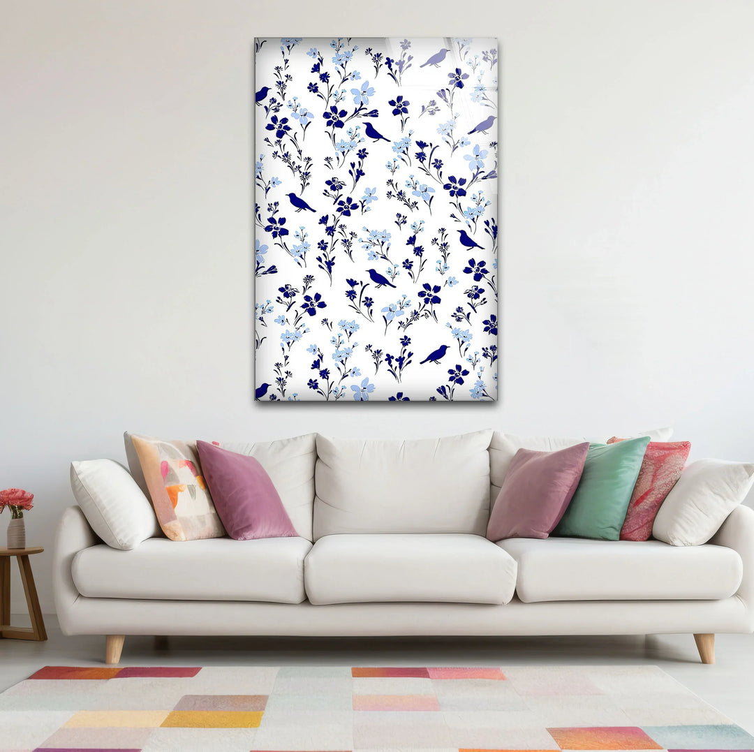 Blue Bird and Wildflower Pattern Wall Art – Elegant Floral Glass Print for Nature Lovers - MyPhotoStation