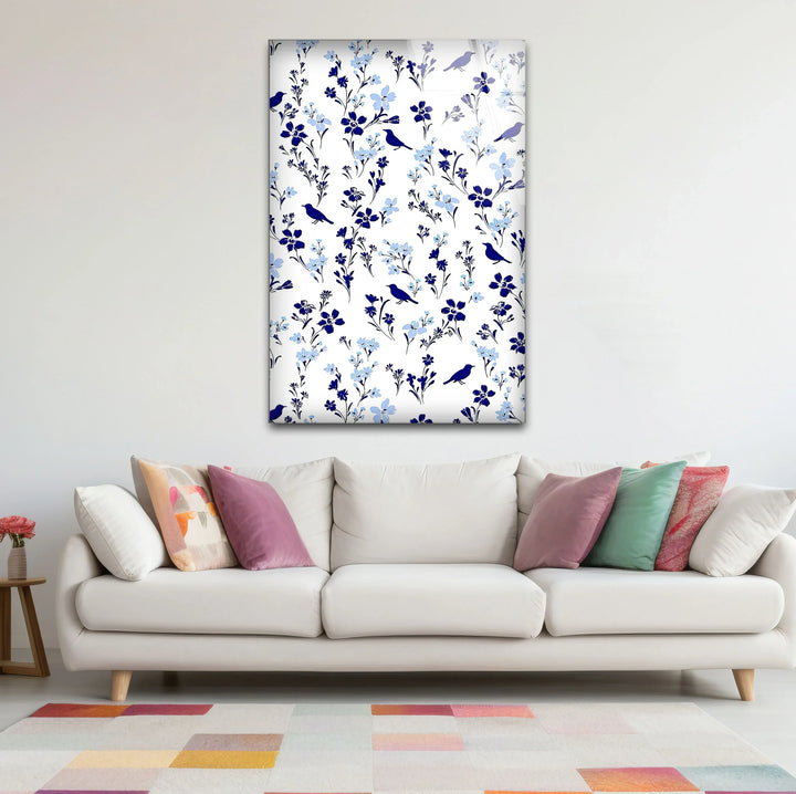 Blue Bird and Wildflower Pattern Wall Art – Elegant Floral Glass Print for Nature Lovers - MyPhotoStation
