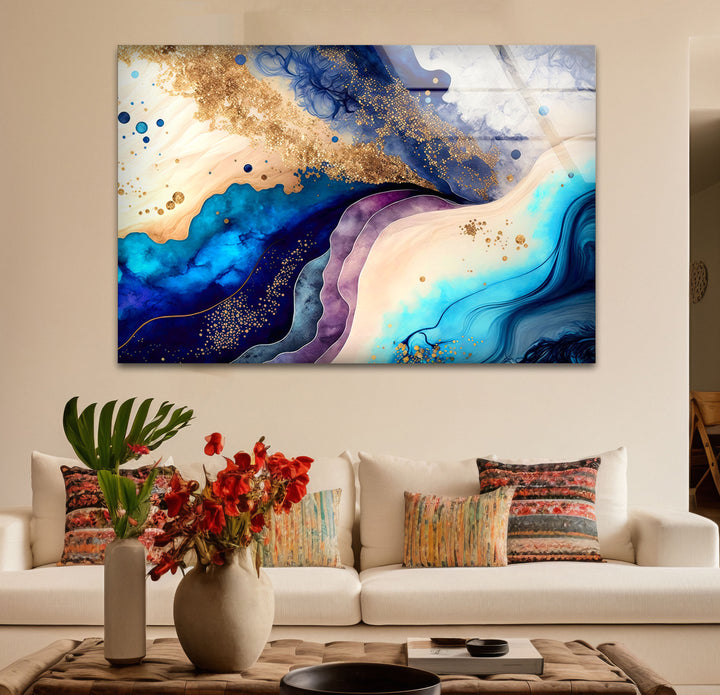Elegant Blue & Gold Abstract Glass Wall Art – Luxury Modern Decor