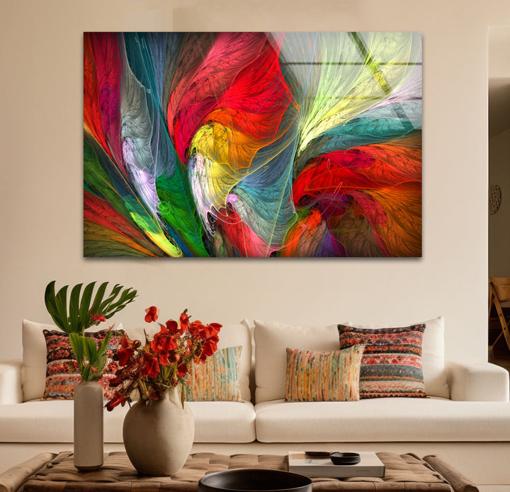 Colorful Feather Burst Wall Art – Abstract Rainbow Glass Print Decor
