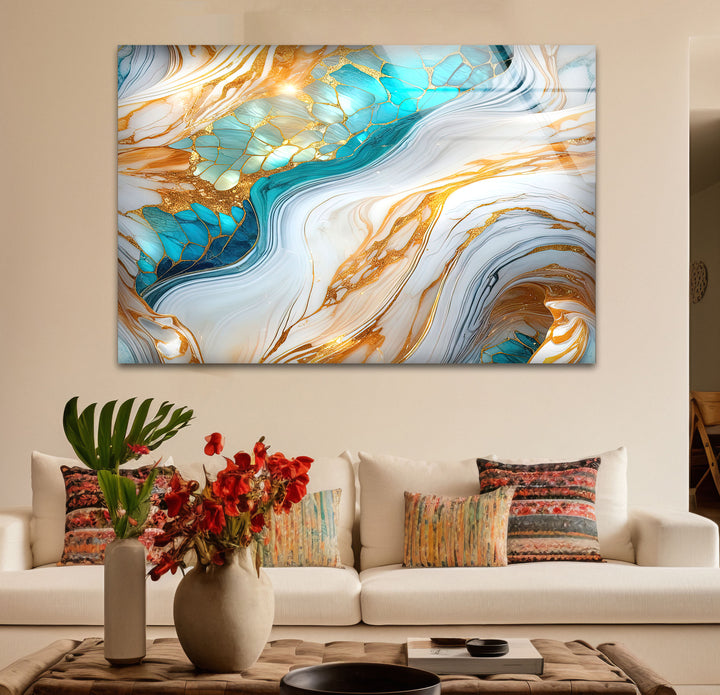 Luxuriöse Wandkunst aus goldenem und türkisfarbenem Marmor – Abstraktes, fließendes Design für moderne Innenräume