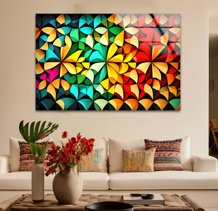 Bunte geometrische Glaswandkunst – Lebendiges abstraktes 3D-Muster