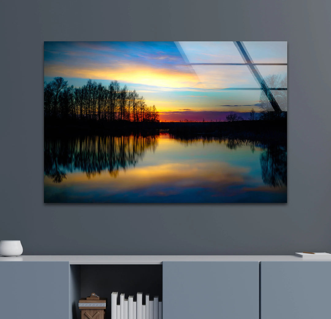 Sunset Reflection Wall Art – Tranquil Forest & Lake Glass Print for Serene Decor - MyPhotoStation