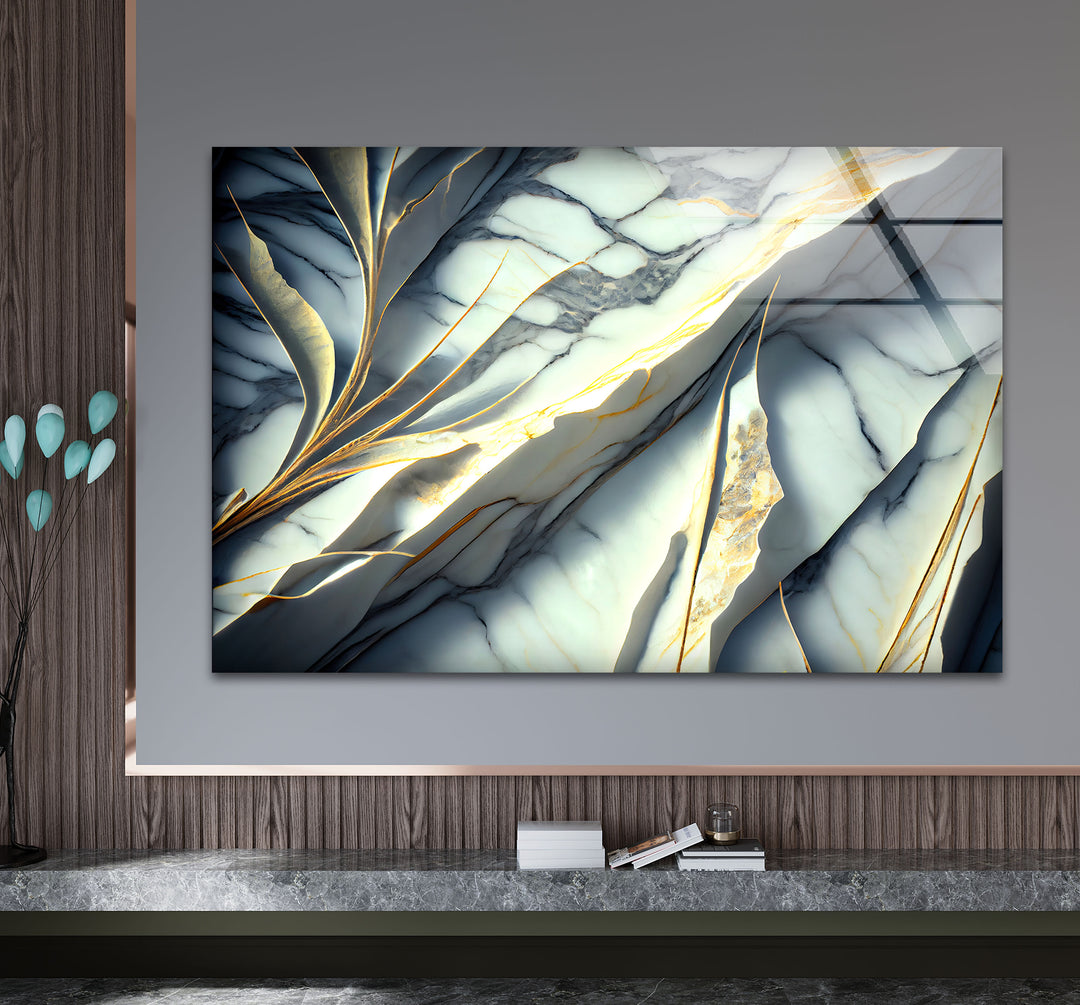 Marble Botanical Wall Art – Luxury Gold Leaf & Blue Vein Abstract Glass Print for Modern Decor