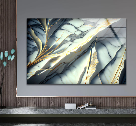 Sunlight and shadow play across the ethereal marble bloom glass art painting, highlighting its luxurious gold veins.