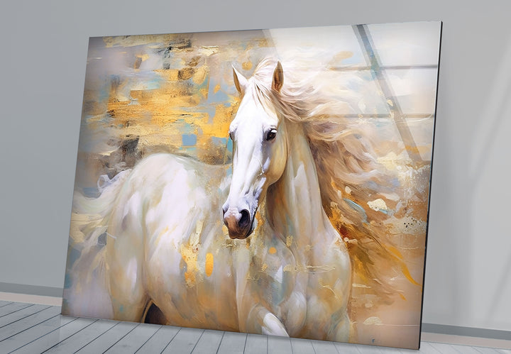 Majestic White Horse Wall Art – Abstract Glass Print for Modern Interiors