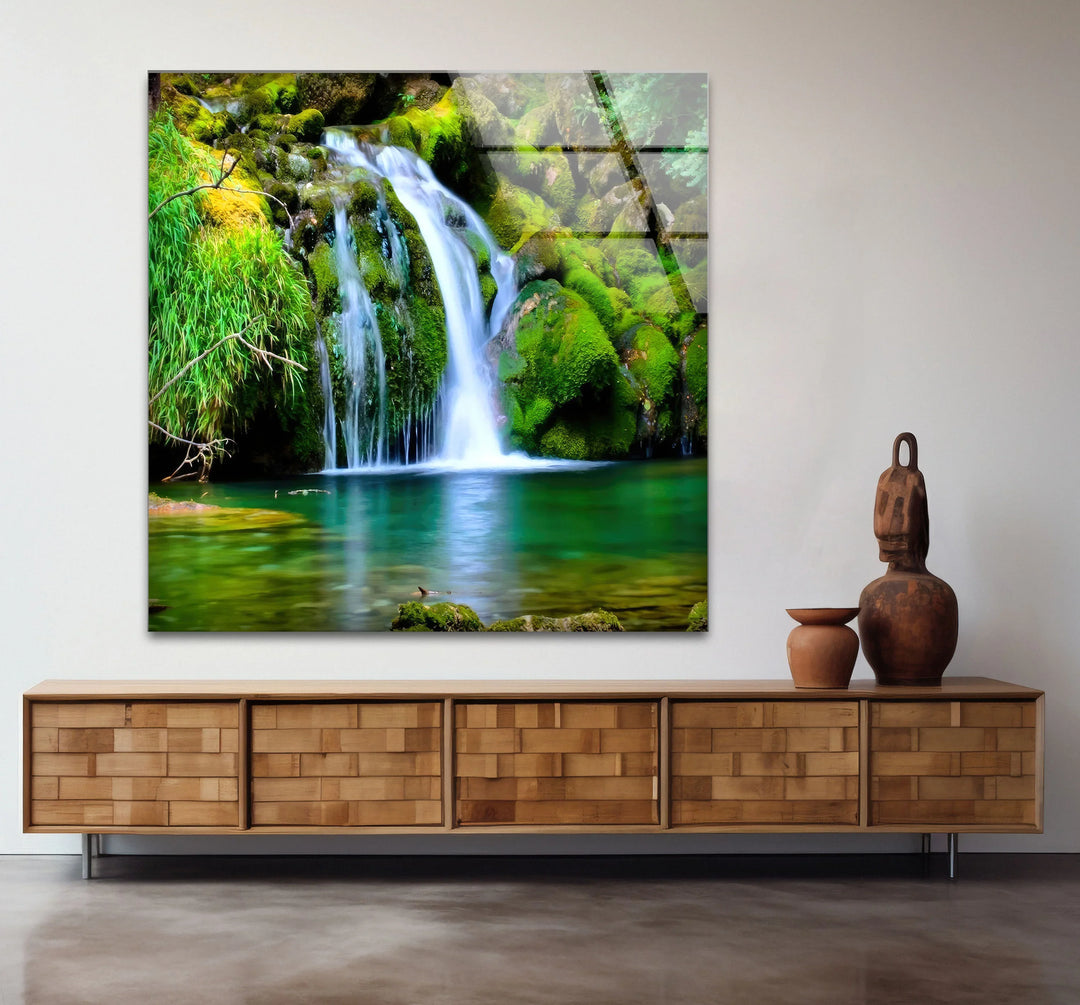 Forest Waterfall Wall Art – Serene Glass Landscape Print with Lush Green Moss and Crystal Clear Stream for Nature-Inspired Interiors - MyPhotoStation