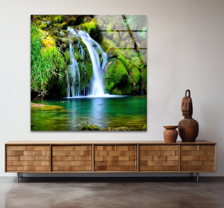 Forest Waterfall Wall Art – Serene Glass Landscape Print with Lush Green Moss and Crystal Clear Stream for Nature-Inspired Interiors - MyPhotoStation
