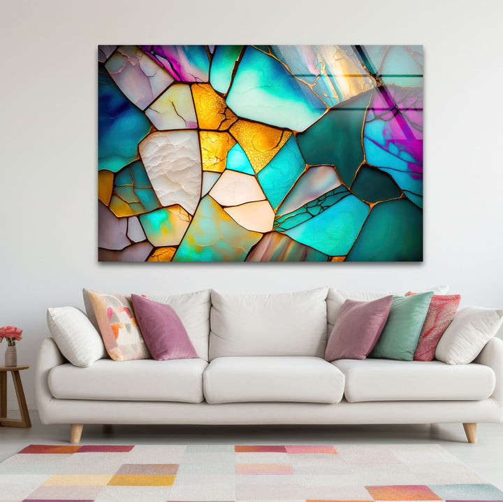 Modern Stained Glass Abstract Wall Art – Teal & Gold Geometric Glass Print