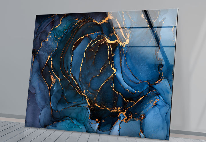 Midnight Blue Gold Abstract Wall Art – Luxury Fluid Ink Glass Print