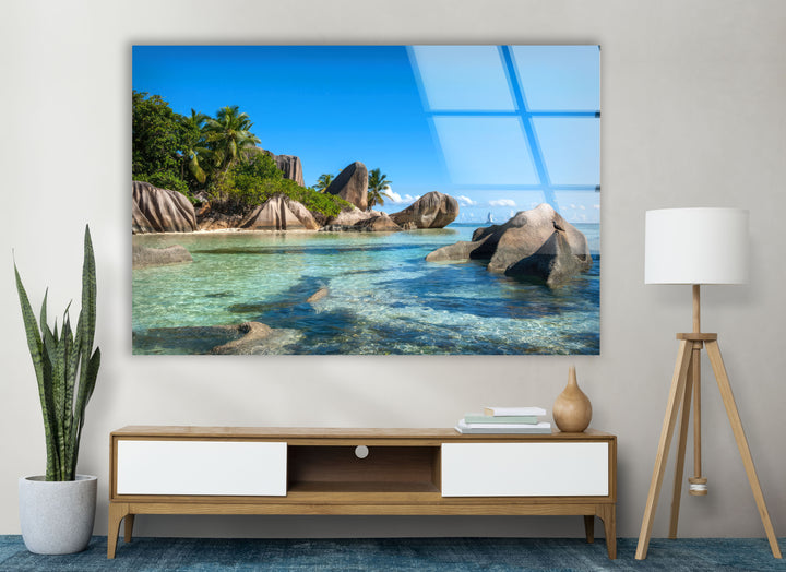 Tropical Rock Coast Wall Art – Crystal Blue Ocean Glass Print