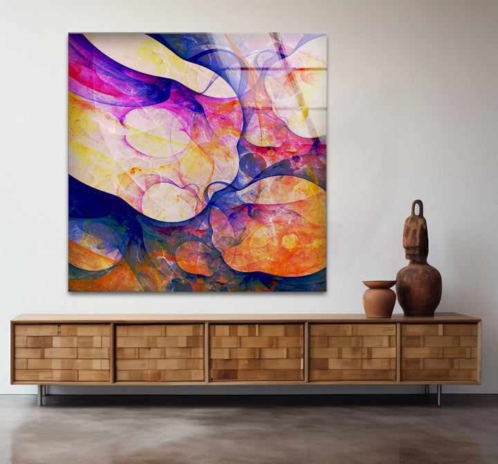 Color Swirl Abstract Glass Wall Art – Vibrant Purple, Yellow & Blue Modern Decor - MyPhotoStation