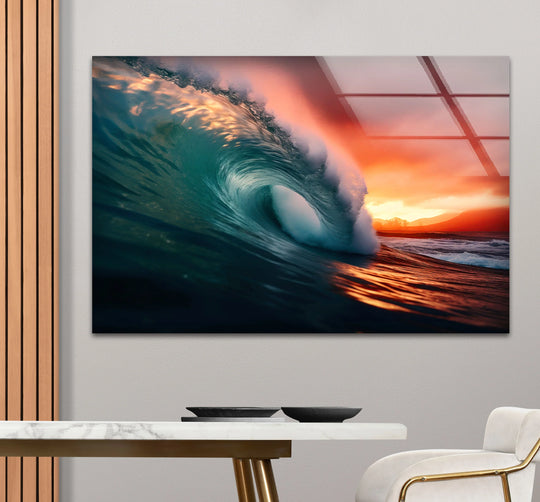 Clean-cut edges define this vibrant sunset barrel wave glass print, adding a touch of elegance to coastal home decor.