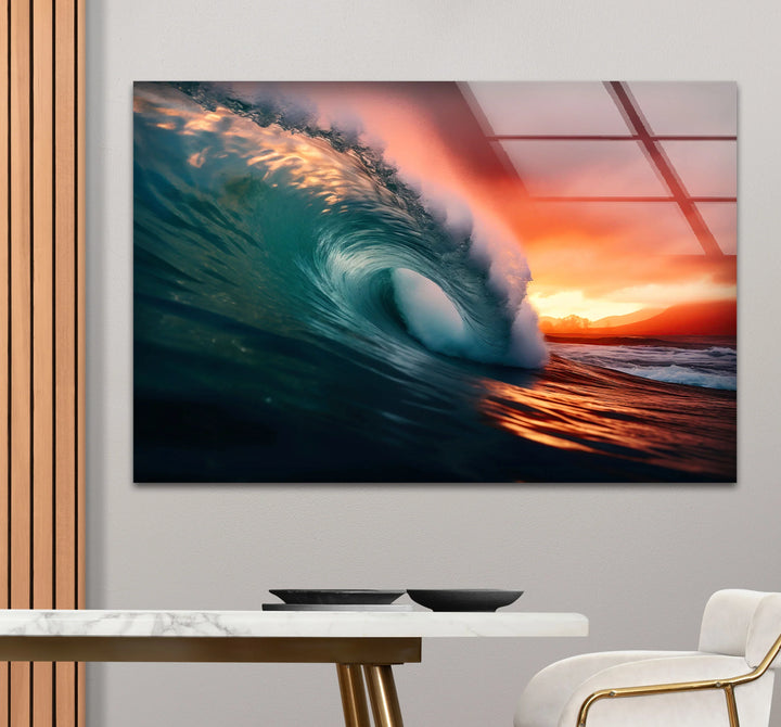 Sunset Barrel Wave Wall Art – Ocean Wave Glass Print for Coastal Home Decor - MyPhotoStation