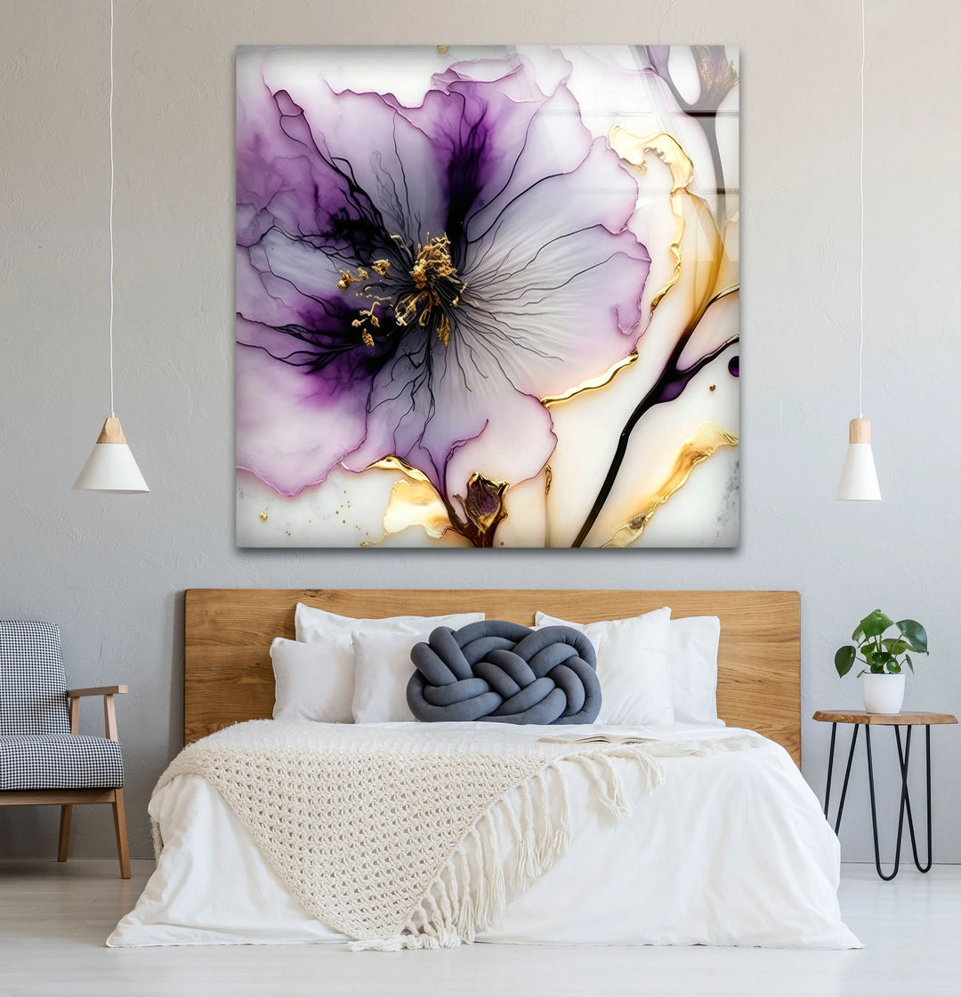 Purple and Gold Abstract Floral Wall Art – Luxury Glass Print for Elegant Interiors - MyPhotoStation