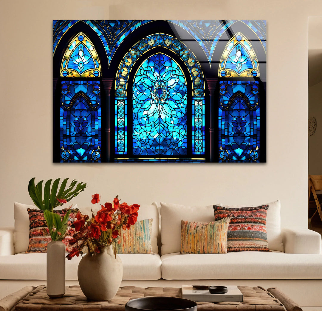 Gothic Blue Stained Glass Wall Art – Elegant Arched Window Design, Vintage Cathedral-Inspired Home Decor - MyPhotoStation