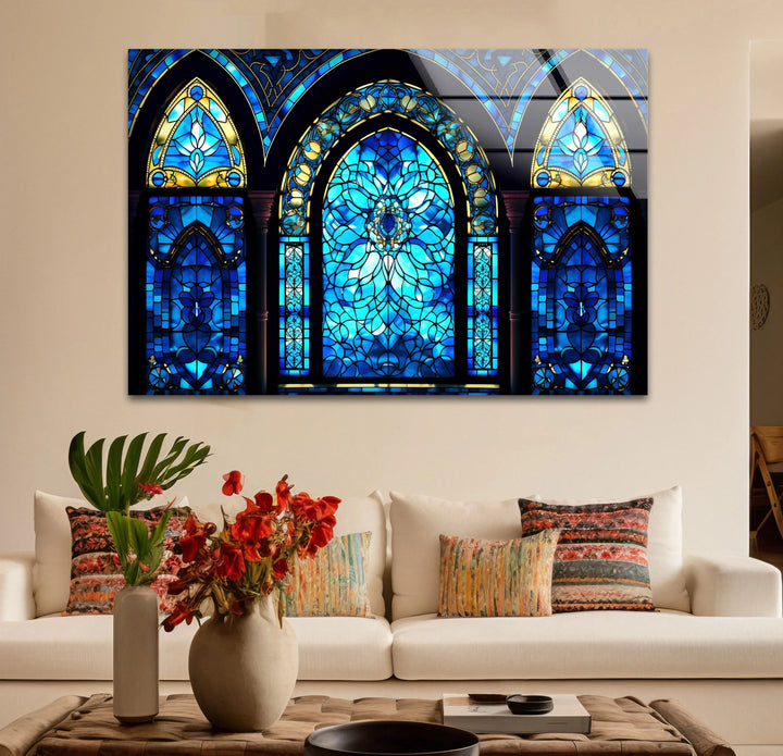 Gothic Blue Stained Glass Wall Art – Elegant Arched Window Design, Vintage Cathedral-Inspired Home Decor - MyPhotoStation