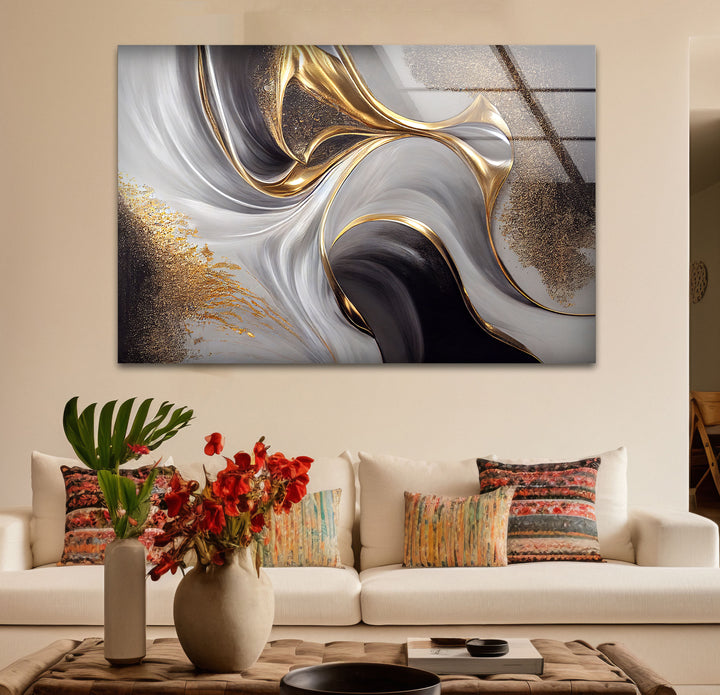 Gold Black White Abstract Wall Art – Elegant Fluid Wave Glass Print for Luxury Interiors