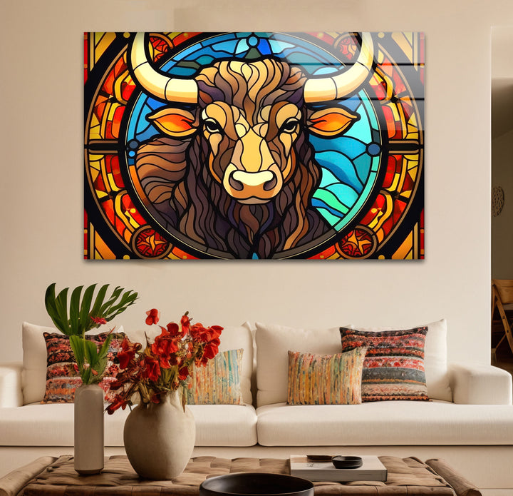 Wanddekoration mit Stier aus Buntglas – Rustikales Dekor, modernes Tierdesign 