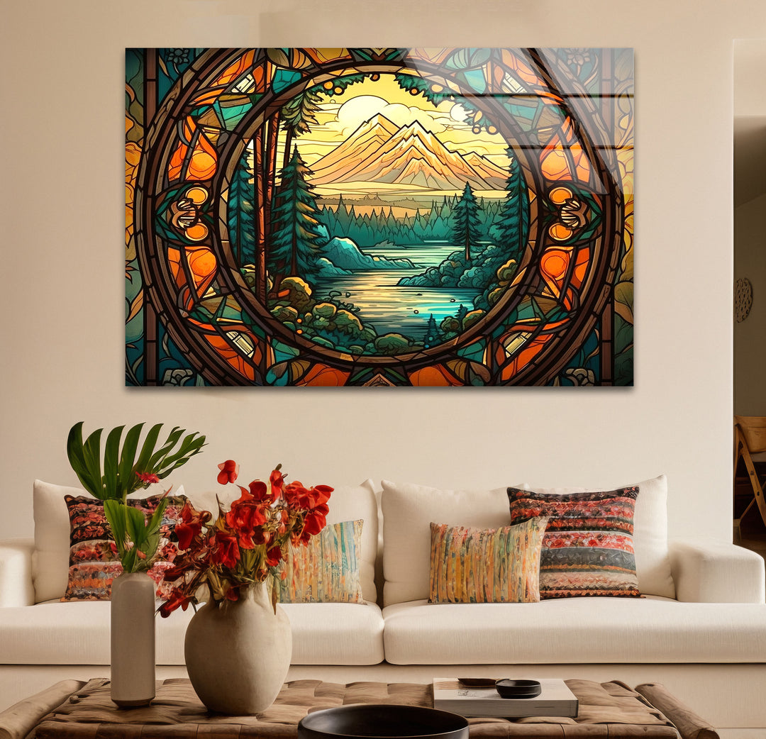 Stained Glass Mountain Landscape – Scenic Forest & River Window Panel