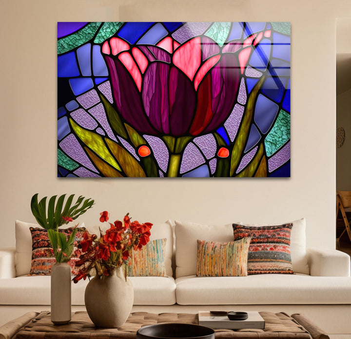 Stained Glass Tulip Wall Art – Vibrant Floral Glass Panel Decor