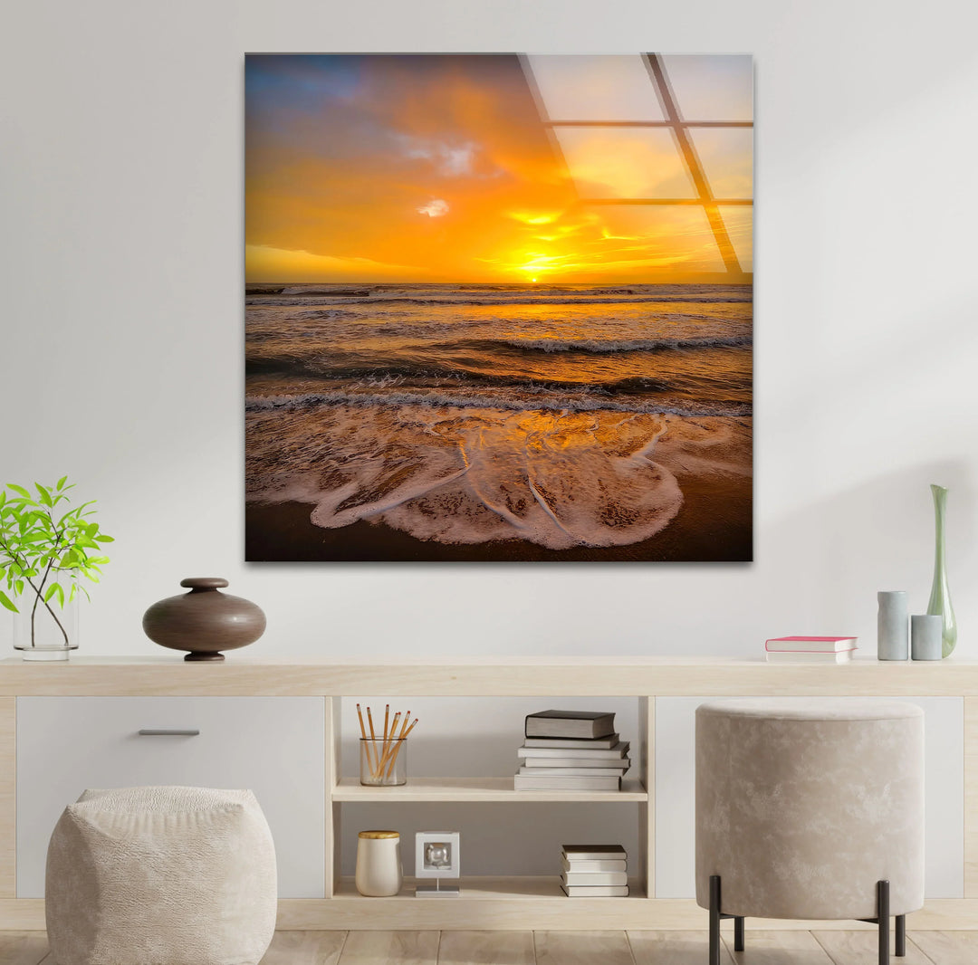 Golden Sunset Over Ocean Waves – Seashore Wall Art on Tempered Glass - MyPhotoStation