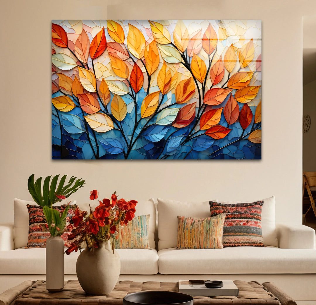 Stained Glass Autumn Leaves Wall Art – Tempered Glass Foliage Print - MyPhotoStation