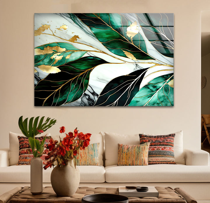 Gold & Emerald Botanical Glass Wall Art – Luxury Green Leaf Design