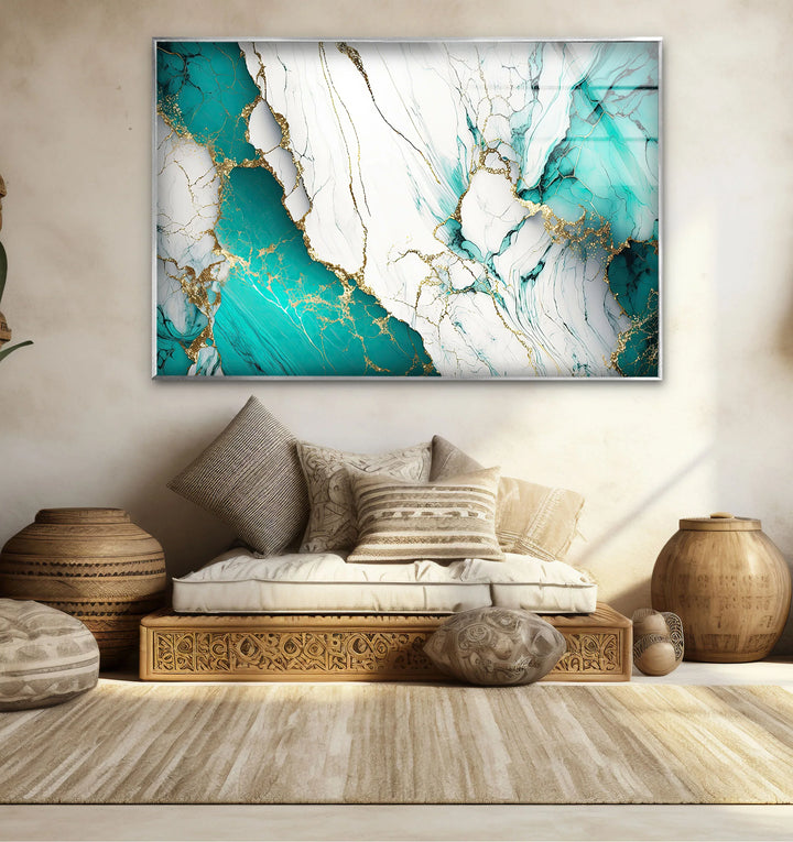 Teal and White Marble Wall Art – Luxury Abstract Glass Print with Gold Veins for Modern Interiors - MyPhotoStation