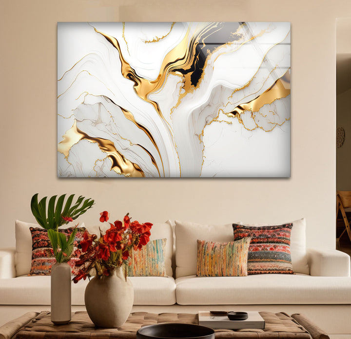 White Gold Marble Abstract Wall Art – Modern Luxury Glass Print for Elegant Interiors