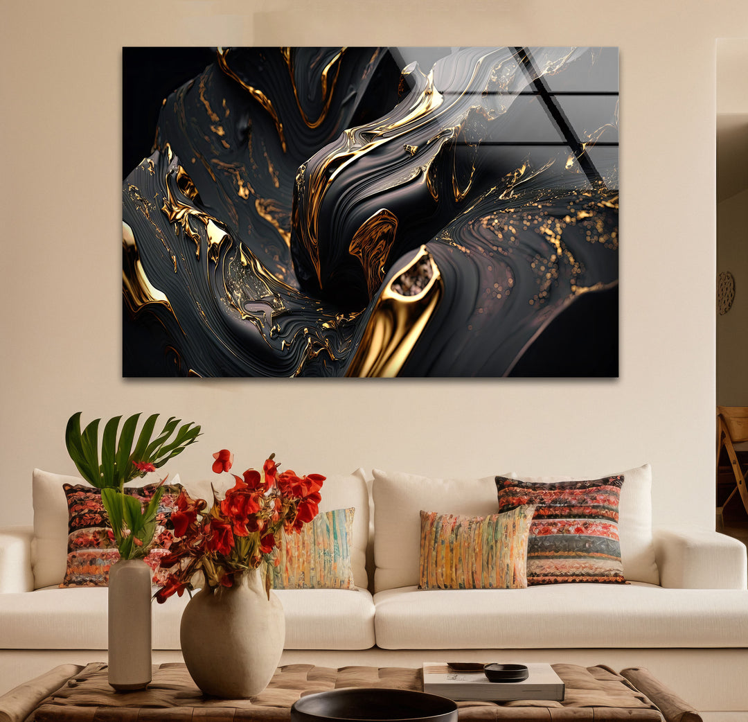 Black Gold Swirl Wall Art – Luxury Abstract Fluid Glass Print for Interiors