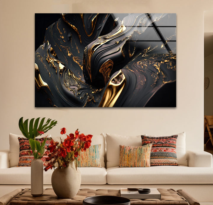 Black Gold Swirl Wall Art – Luxury Abstract Fluid Glass Print for Interiors