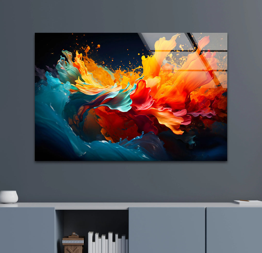 Fiery Abstract Splash Wall Art – Vibrant Glass Print in Red, Orange & Blue - MyPhotoStation