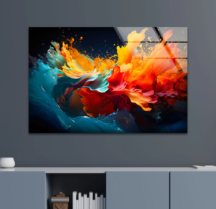Fiery Abstract Splash Wall Art – Vibrant Glass Print in Red, Orange & Blue - MyPhotoStation