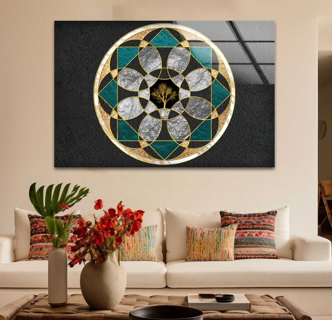 Wandkunst mit heiliger Geometrie, Baum des Lebens – Moderne Glasplatte mit goldenem Mandala-Design
