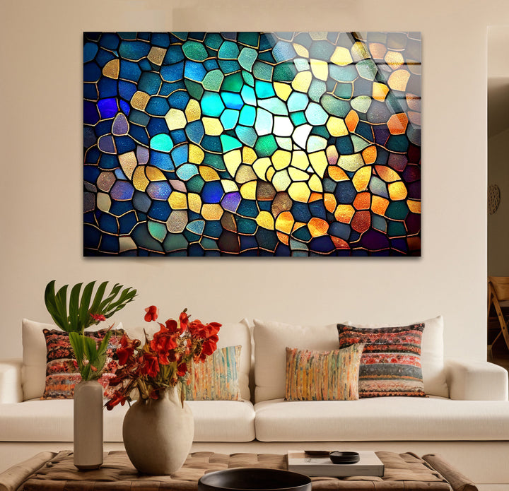 Moderne Wanddekoration aus Buntglas – Abstraktes Mosaikmuster in Blau und Gold